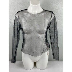 Priscilla Women Large Tulle Top Black Sequin Sheer Long Sleeve Club Festival NWT